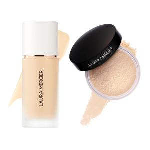 Laura Mercier Real Flawless Waterproof Liquid Foundation, 12 HR Fade-Proof Wear, Hydrating, 0W1 Satin + Translucent Loose Setting Powder, 24 HR Shine Control, Soft Matte Finish Bundle