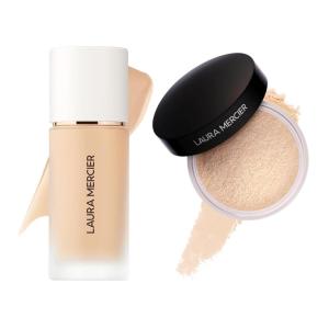 Laura Mercier Real Flawless Waterproof Liquid Foundation, 12 HR Fade-Proof Wear, Hydrating, 2N1 Cashew + Translucent Loose Setting Powder, 24 HR Shine Control, Soft Matte Finish Bundle