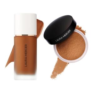 Laura Mercier Real Flawless Waterproof Liquid Foundation, 12 HR Fade-Proof Wear, Hydrating, 6W1 Ganache + Translucent Loose Setting Powder in Medium Deep, 24 HR Shine Control, Soft Matte Finish Bundle