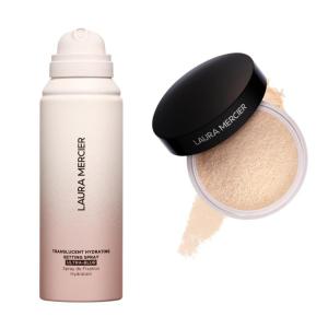 Laura Mercier Hydrating Setting Spray Ultra-Blur, Hyaluronic Acid Infused and Translucent Loose Setting Powder in Shade Translucent, 24HR Shine Control Bundle