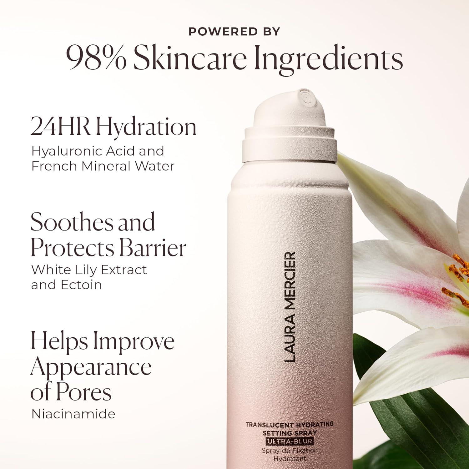 imageLaura Mercier Hydrating Setting Spray UltraBlur and Translucent Loose TalcFree Setting Powder UltraBlur in Shade Translucent Bundle Hyaluronic Acid Infused Shine Control