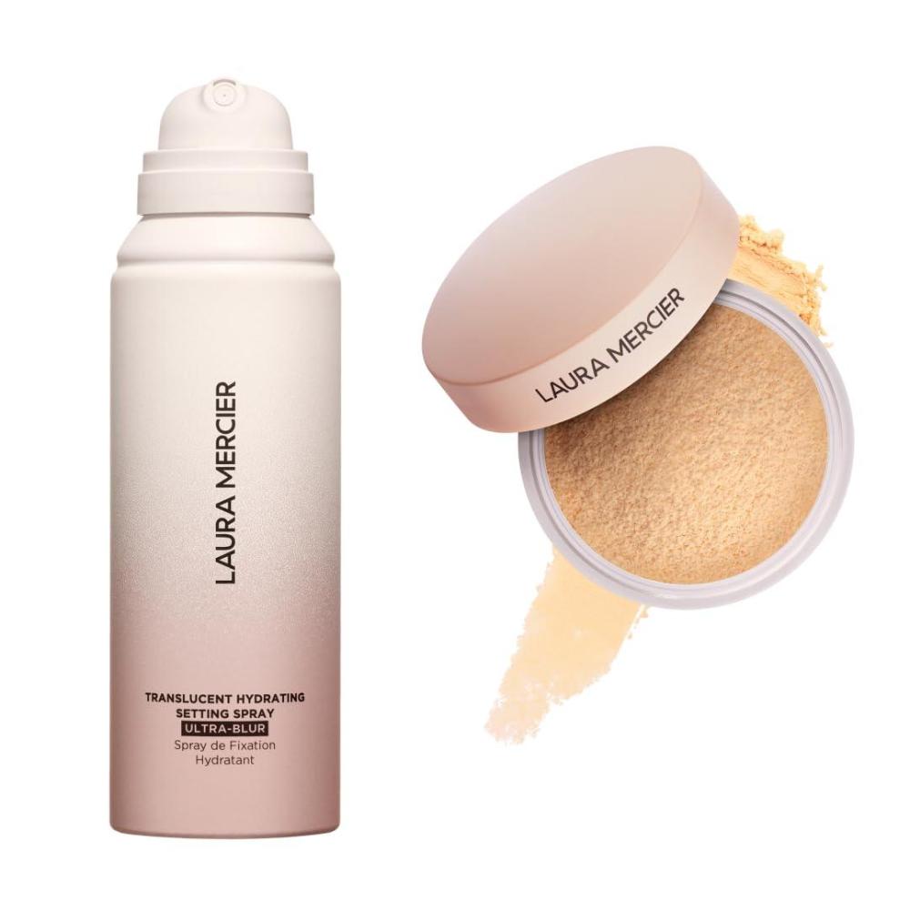 imageLaura Mercier Translucent Loose TalcFree Setting Powder UltraBlur in Shade Translucent Honey and Hydrating Setting Spray UltraBlur Bundle Hyaluronic Acid Infused Shine Control