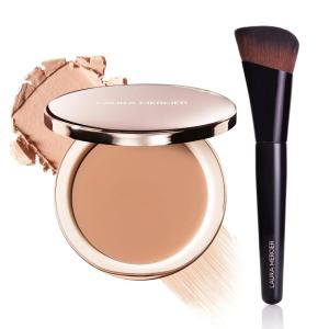 Laura Mercier Tinted Blur Balm, Balm-to-Powder Blurring Skin Tint, Natural Matte Soft-Focus Finish, Buildable Coverage, Peptide-Infused, Shade 02 + Foundation Brush Bundle